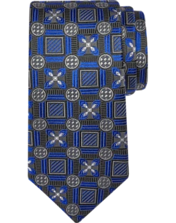 Joseph Abboud Narrow Silk Tie, Blue And Black Square And Floral Print
